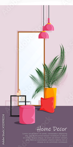 Vector bedroom corner interior in flat style. Beautiful place with mirror, table, puff, plant chrysalidocarpus and chandelier in house. Cozy colorful illustration of home decor usable for shop, store