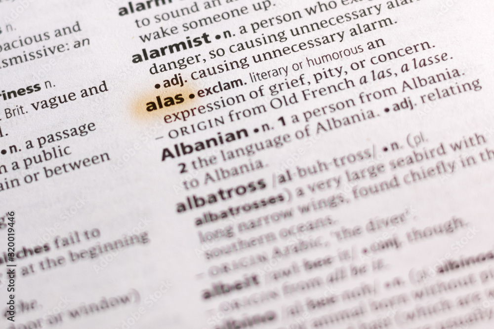 The word or phrase Alas in a dictionary. The word or phrase Alas in a dictionary.
