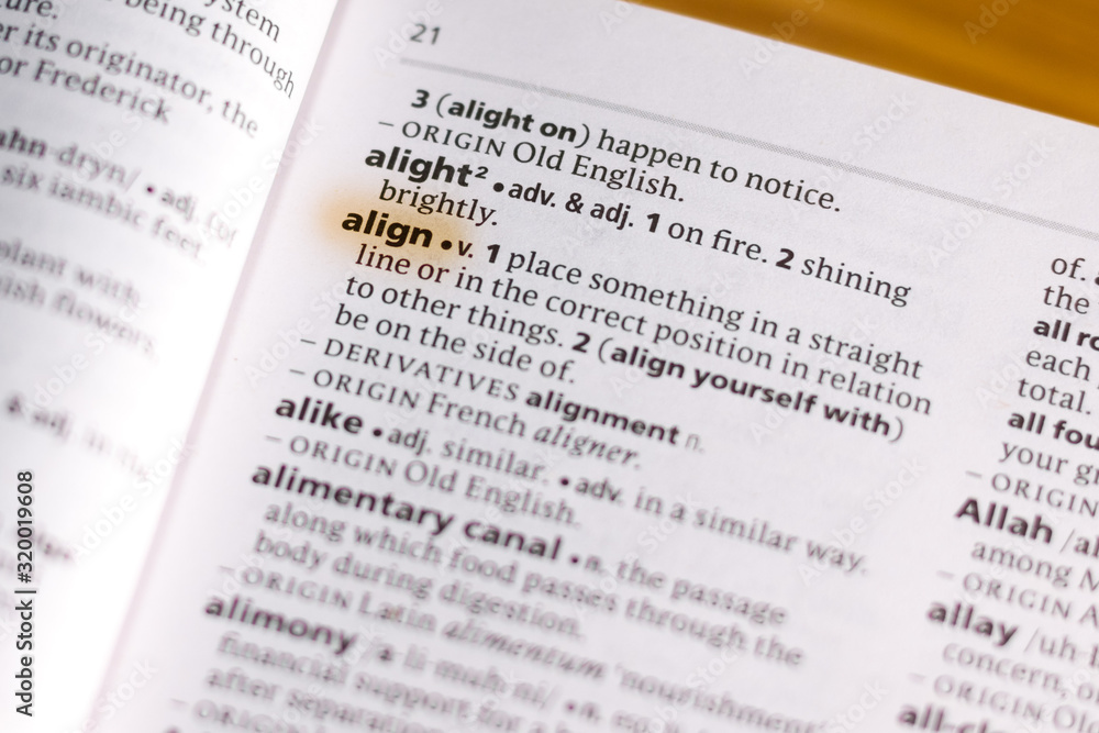 The word or phrase Align in a dictionary. The word or phrase Align in a dictionary.
