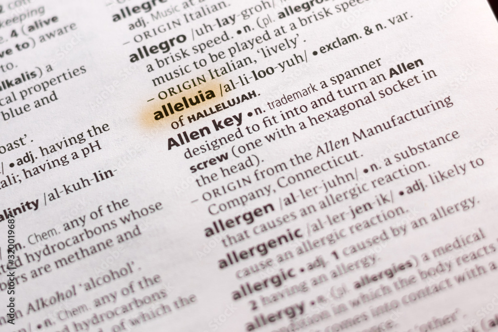 The word or phrase Alleluia in a dictionary. The word or phrase Alleluia in a dictionary.