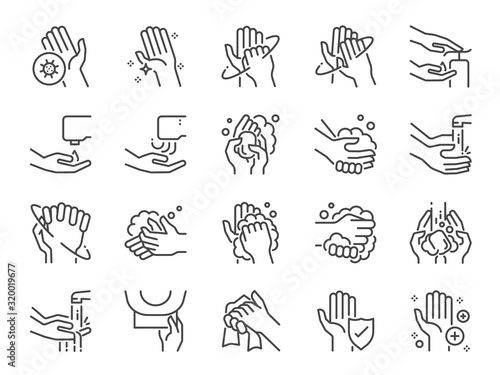 Hand washing line icon set. Included icons as wash, tissue paper, cleaning, hand dryer, soap, wipe, sanitary and more.