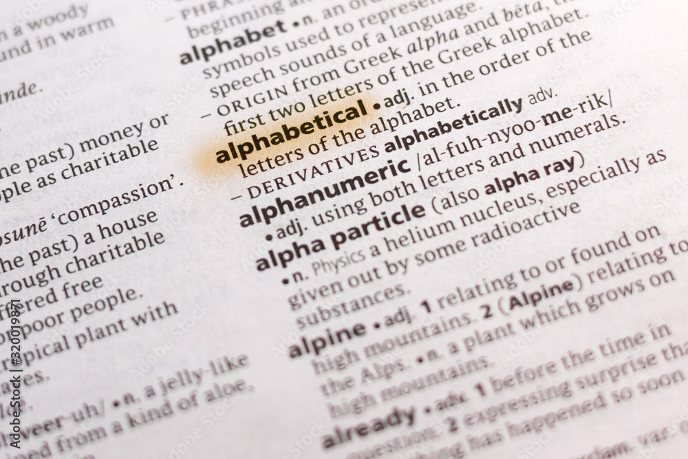 The word or phrase Alphabetical in a dictionary. The word or phrase Alphabetical in a dictionary.