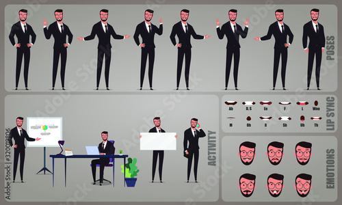 Businessman or office worker character Set. Collection of character body Poses, facial gestures, Business activities and Lip syncs poses. Ready-to-use and animate, character set. Vector illustration.