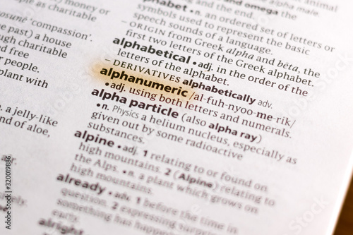 The word or phrase Alphanumeric in a dictionary. photo