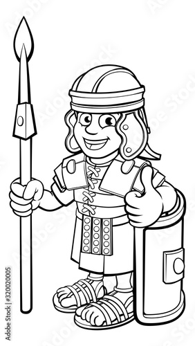A Roman soldier cartoon character holding a spear and doing a thumbs up