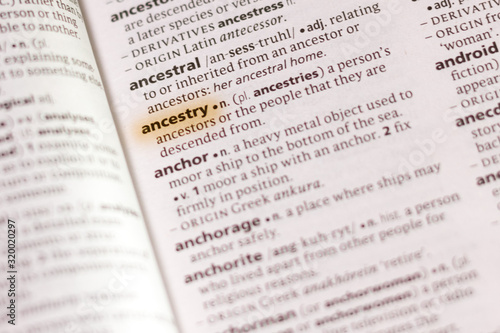 The word or phrase Ancestry in a dictionary.