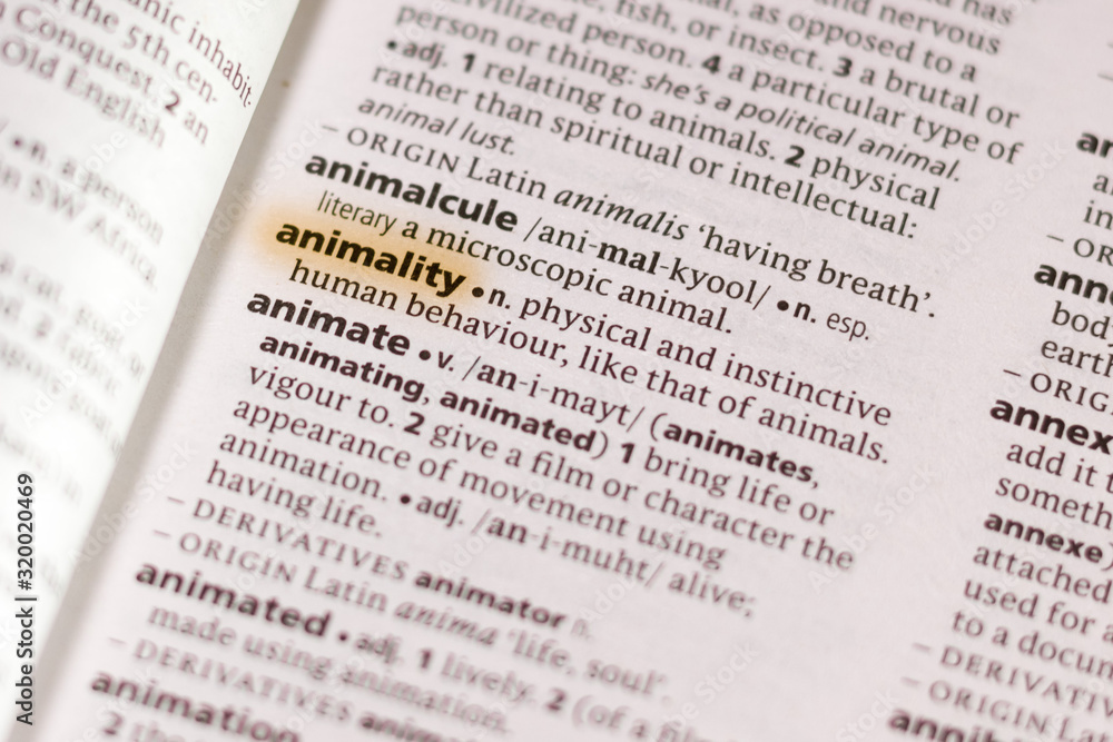 The word or phrase Animality in a dictionary. The word or phrase Animality in a dictionary.