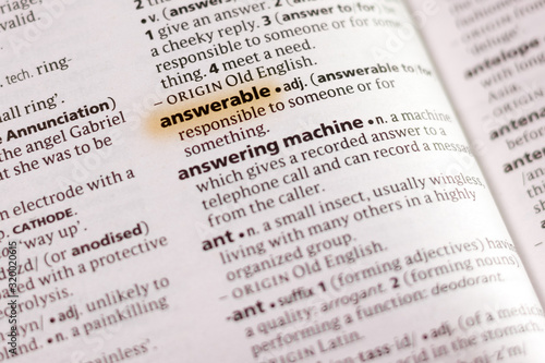 The word or phrase Answerable in a dictionary.