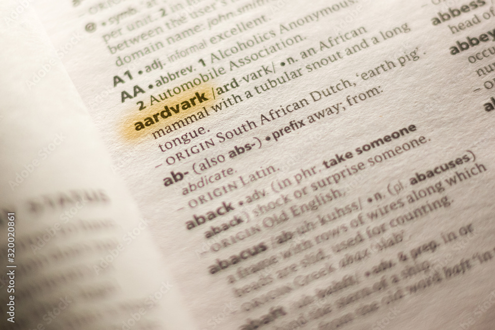 Ivanovsk, Russia - November 19, 2018: The word or phrase Aadvark in a dictionary. Ivanovsk, Russia - November 19, 2018: The word or phrase Aadvark in a dictionary.