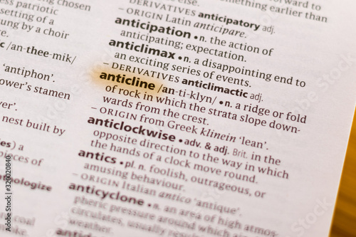 The word or phrase Anticline in a dictionary. photo