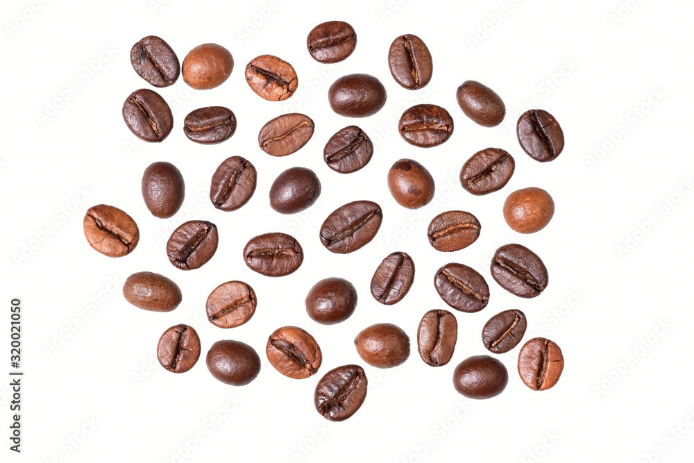 Fototapeta premium roasted coffee beans isolated on white background with cutout, top view image of coffee bean