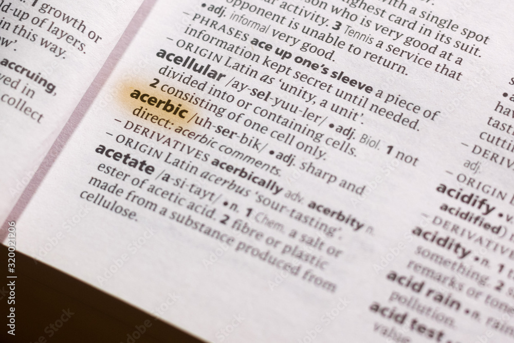 Ivanovsk, Russia - November 19, 2018: The word or phrase Acerbic in a dictionary. Ivanovsk, Russia - November 19, 2018: The word or phrase Acerbic in a dictionary.