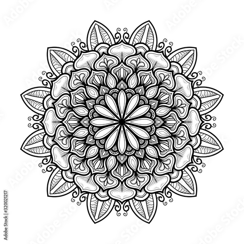 illustration of mandala doodle flower. yoga template. mandala art design with black lines rounded white background. India  Islam  Turkey  Arabic.