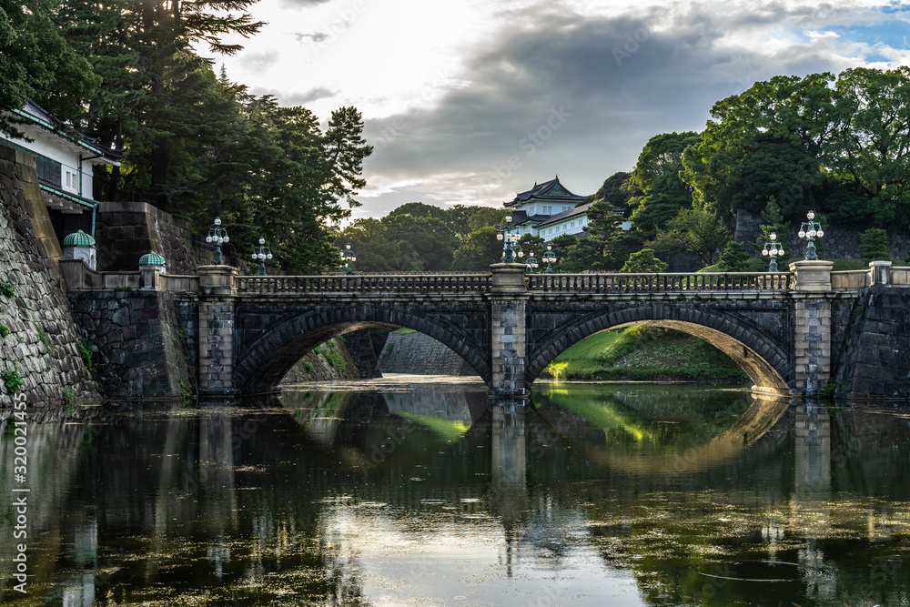 Nijubashi Bridge if Tokyo Imperial Palace reflected in water at sunset, Japan