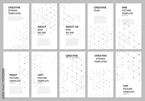 Social networks stories design, vertical banner or flyer templates. Cover design templates for flyer, leaflet, brochure cover, presentation, advertising banner. Abstract molecular connection structure