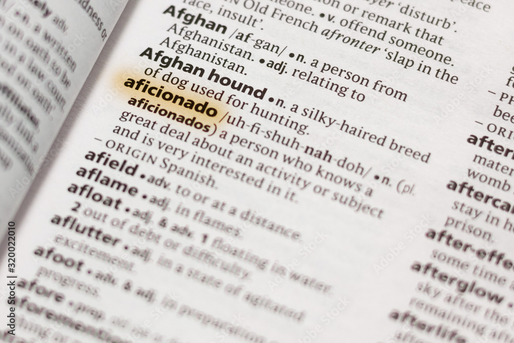 Ivanovsk, Russia - November 19, 2018: The word or phrase Aficionado in a dictionary. Ivanovsk, Russia - November 19, 2018: The word or phrase Aficionado in a dictionary.