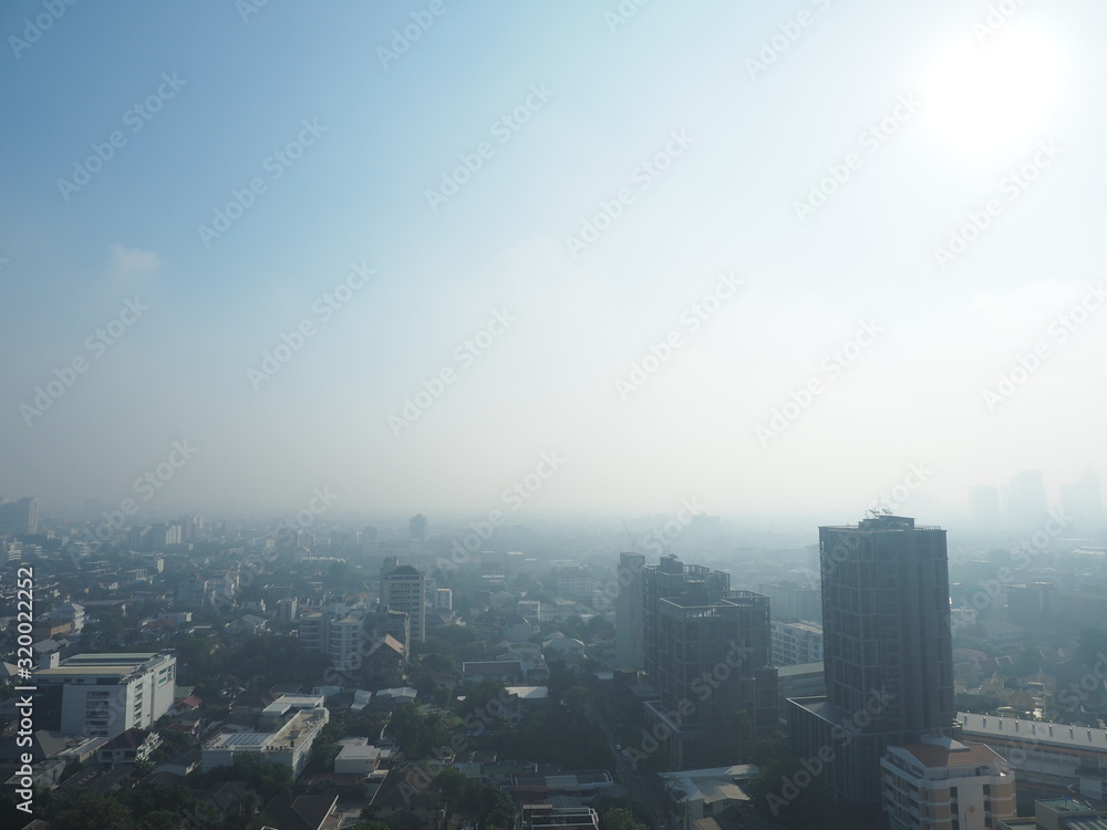 Cityscape of Bangkok covered by mixture of dust in air pollution, situation of air pollution 2.5 pm in Bangkok, Air pollution in big city,  it is unhealthy.
