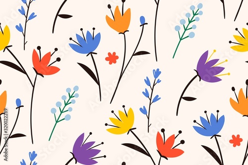 Spring beautiful easter pattern.Trendy style. Abstract seamless pattern with leaves and flowers. Hand drawn creative flowers. Colorful artistic background with blossom.