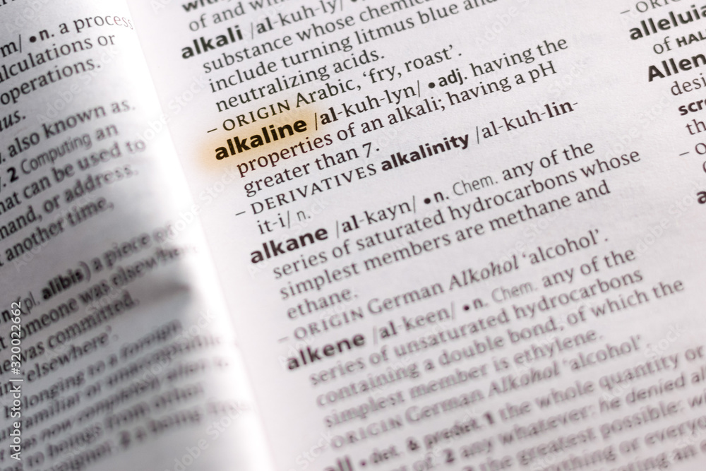 Ivanovsk, Russia - November 19, 2018: The word or phrase Alkaline in a dictionary. Ivanovsk, Russia - November 19, 2018: The word or phrase Alkaline in a dictionary.
