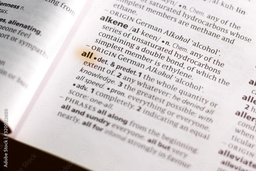Ivanovsk, Russia - November 19, 2018: The word or phrase All in a dictionary. Ivanovsk, Russia - November 19, 2018: The word or phrase All in a dictionary.