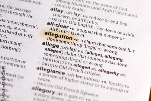 Ivanovsk, Russia - November 19, 2018: The word or phrase Allegation in a dictionary.