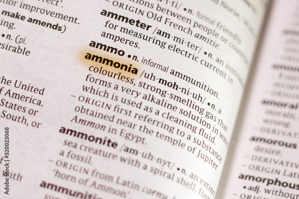 Ivanovsk, Russia - November 19, 2018: The word or phrase Ammonia in a dictionary. Ivanovsk, Russia - November 19, 2018: The word or phrase Ammonia in a dictionary.
