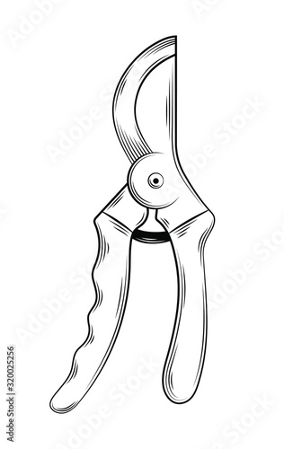 Vector illustration of pruner gardening tools and utensils isolated on a white background, garden maintenance, landscaping and hobby concept, sketch style, line art.