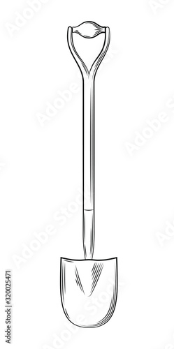 Vector illustration of spade gardening tools and utensils isolated on a white background, garden maintenance, landscaping and hobby concept, sketch style, line art.