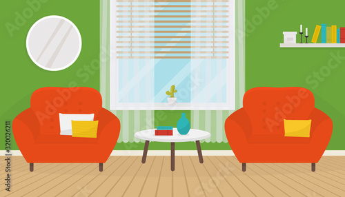 Green living room interior with two soft armchairs and coffee table. Modern apartment with big window. Home design. Flat vector illustration.