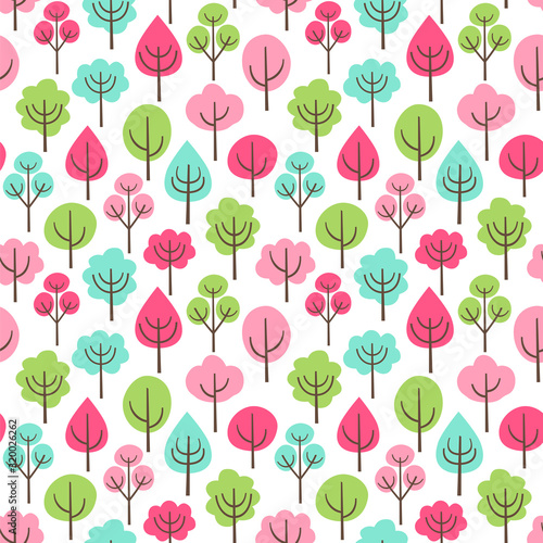 Spring park. Seamless vector pattern with abstract blooming trees in bright colors. © Julia