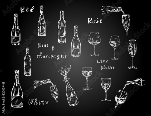 Wine , champagne bottle, glasses drink, alcohol big chalk set on black background. Concept for logo, menu, cards. invitation  