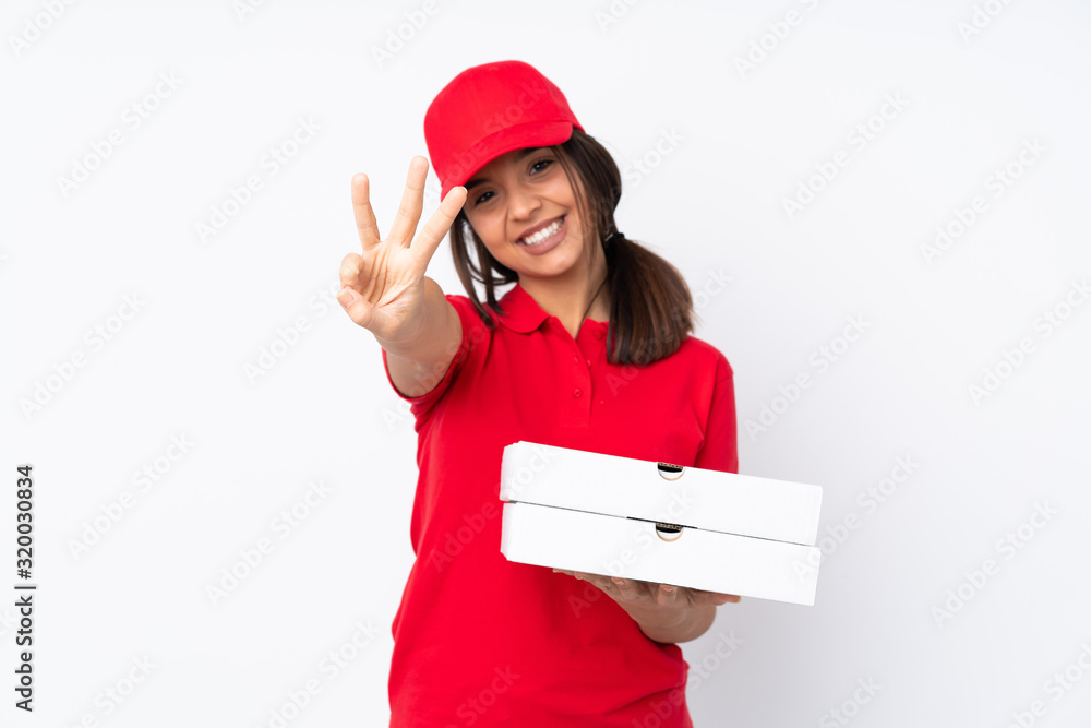 Young Pizza delivery girl over isolated white background happy and counting three with fingers Young Pizza delivery girl over isolated white background happy and counting three with fingers
