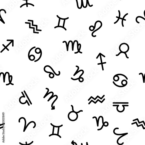 Astrology seamless pattern with black zodiac signs on white background. Simple flat style background for astrology prediction. Abstract monochrome design of horoscope constellation vector illustration