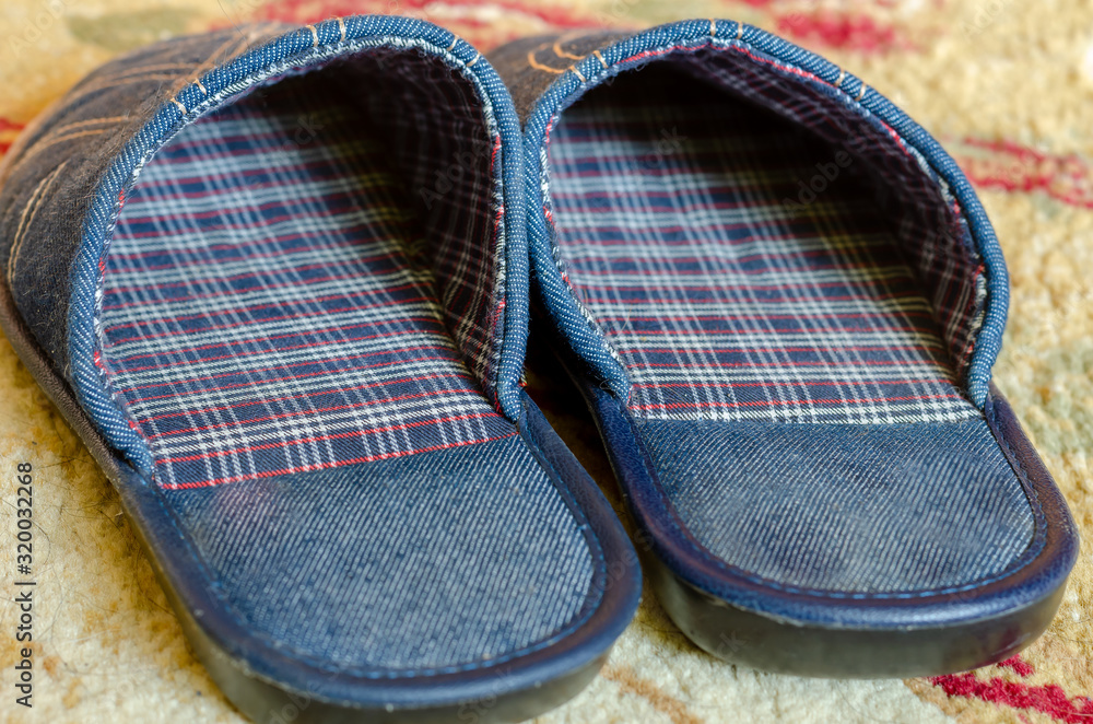 Dark blue room slippers on the carpet. Close-up of the interior of a used  home. Eye level shooting. Selective focus. Landscape photo arrangement.  Stock Photo | Adobe Stock