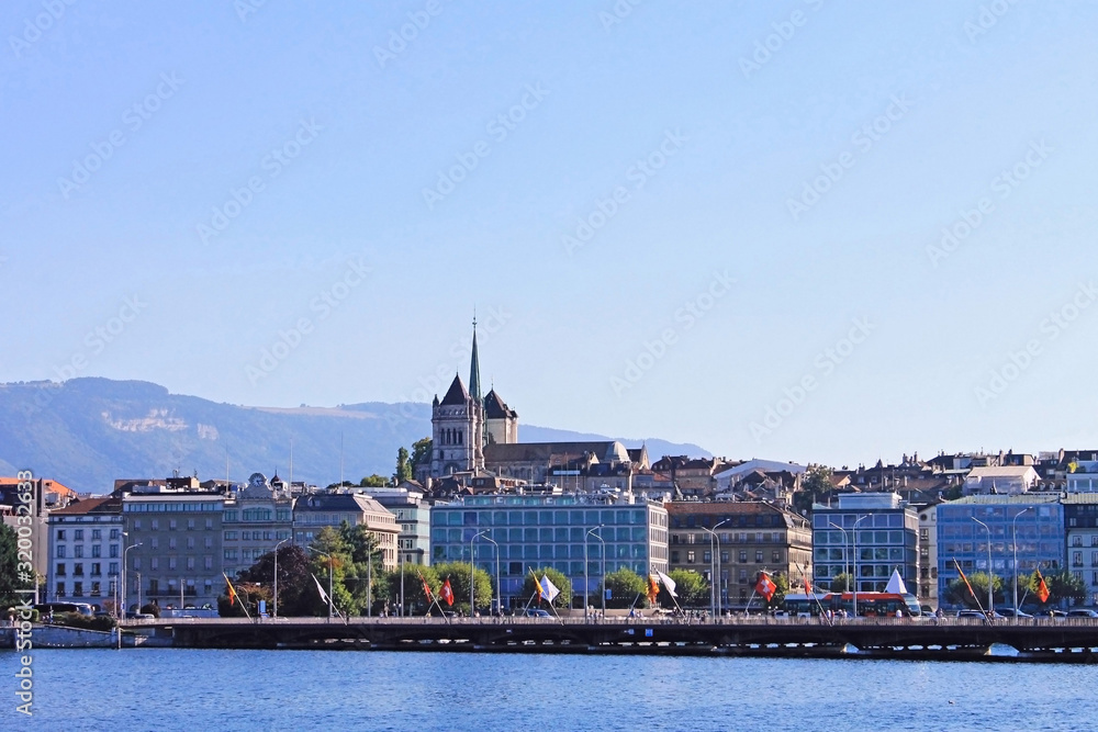 Panoramic view of the modern embankment and the center of Geneva, Switzerland
