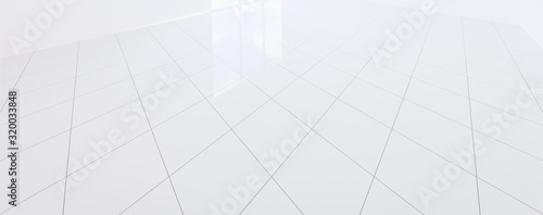 White tile floor background in panorama perspective view. Clean and shiny with grid line texture. For bathroom, kitchen, laundry room. And empty or copy space for product display. 3d render.