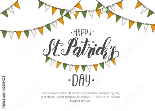St Patrick's day poster with Hand drawn  St. Patrick's hat, horseshoe, beer, barrel, irish flag, four-leaf clover and gold coins. Lettering. Engraving illustrations