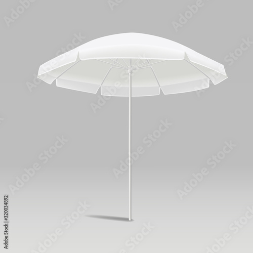 White beach umbrella on a gray background, mockup template for design.
