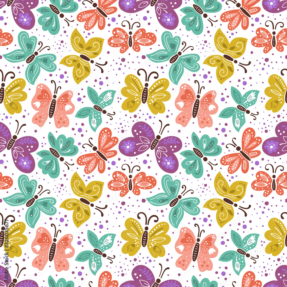 Insects and flowers seamless background. Butterflies spring pattern