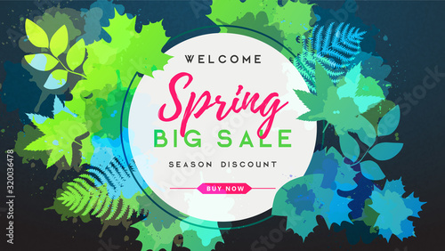 Spring big sale watercolor poster with green fresh leaves. Spring background