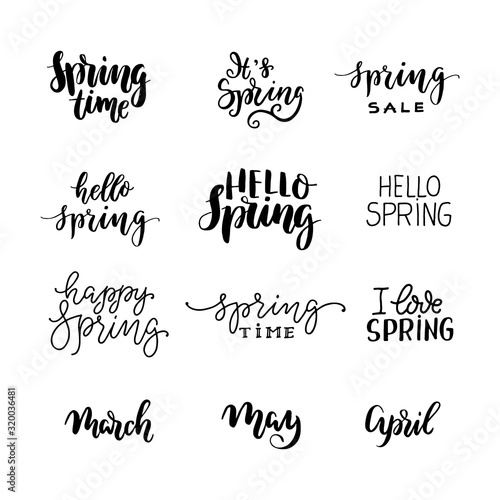 Vector Hello spring lettering typography set. Hand written style