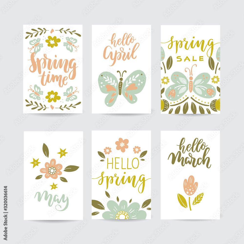 Creative spring cards. Hand Drawn flowers, butterflies and lettering