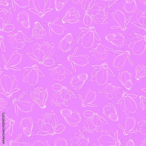 Pink seamless pattern with magnolia flowers. 