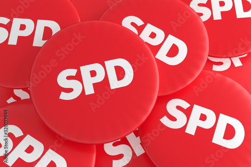BERLIN, GERMANY - JANUARY 28, 2017: German Election Politics Badges Concept: Pile of Red SPD Buttons, 3d illustration