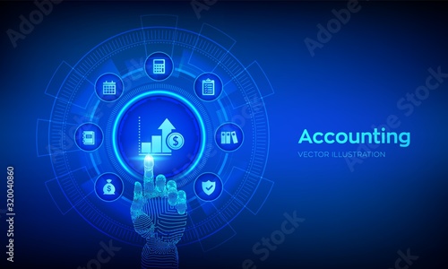 Accounting. Accountancy service. Banking Calculation. Financial analysis, investments and business consulting concept. Online banking. Robotic hand touching digital interface. Vector illustration.