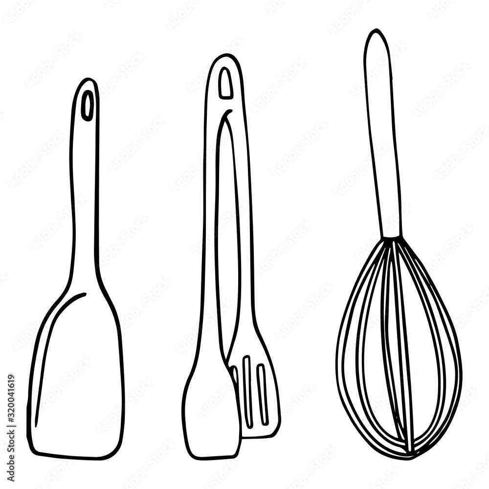 Set of wooden, plastic or metal kitchenware. Wooden spoon or spatula, whisk  and tongs. Vector hand drawn illustration cartoon flat icon isolated on  white background. Stock Vector | Adobe Stock
