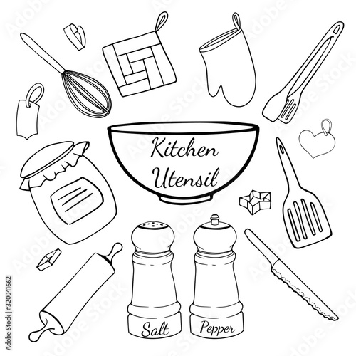Set of kitchen utencil. Wooden spoon, tongs, bowl, salt shaker, pepper box, spatula, jar of jam, labels, cookie cutter, rolling pin, oven glove and potholder. Vector icon isolated on white background.