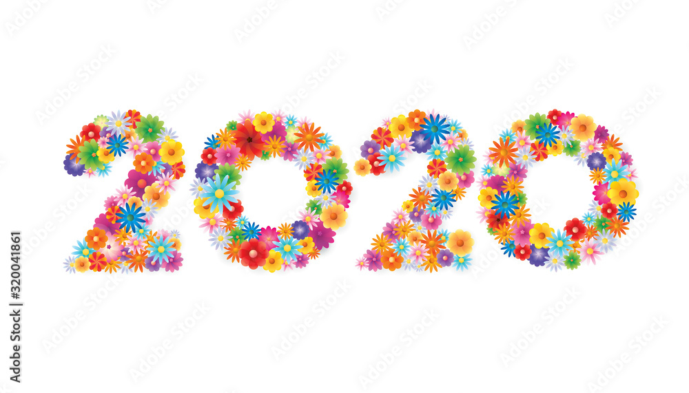Vector Happy New Year 2020 text design with blooming flowers concept isolated on white background. Vector Happy New Year 2020 text design with blooming flowers concept isolated on white background.