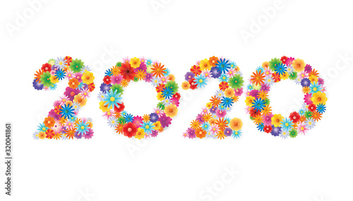 Vector Happy New Year 2020 text design with blooming flowers concept isolated on white background.