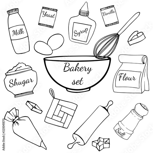 Set of baking ingredients and kitchen utencil. Bowl, salt shaker, cookie cutter, rolling pin, whisk, pack of flour, vanilla sugar, yeast, syrup. Vector flat icon isolated on white background.